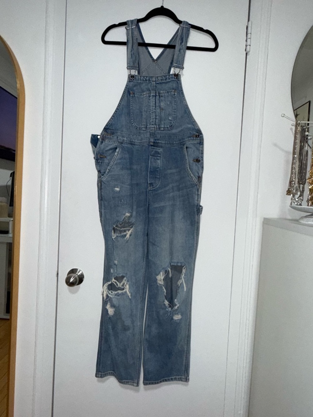 Urban Outfitters Distressed Denim Overalls - Light Blue